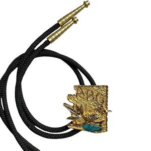 Bolo Tie Gold Toned Road Runner ABC School Teacher Black Western Faux Turquoise